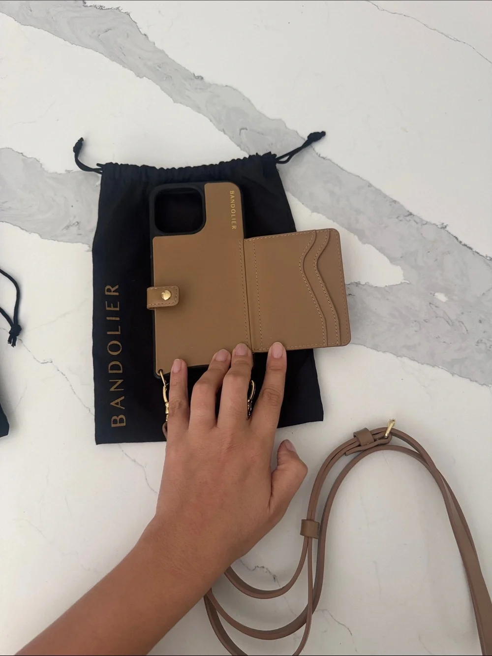 15 pro max Bandolier Tan Leather Crossbody Phone Case with Tan Strapy